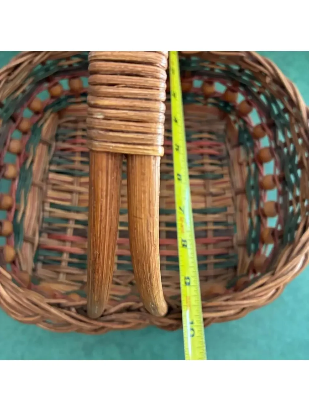 Vintage Woven Wicker Gathering Basket Wood Bead Trim Bentwood Handle Cottage